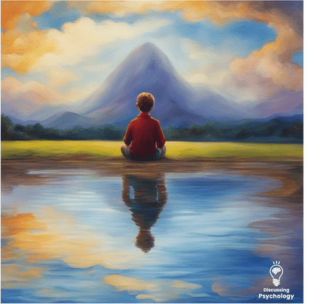 Isolated child sitting near a pond staring at a mountain.