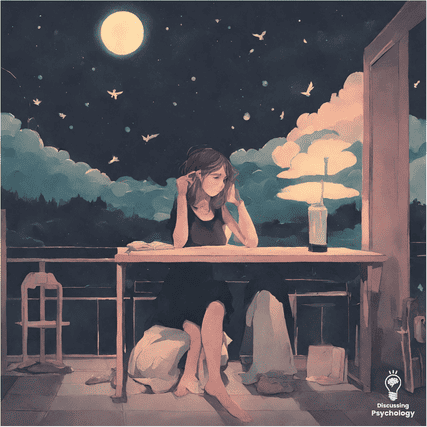Little girl sitting at a table outside daydreaming at night with full moon and clouds in the background.
