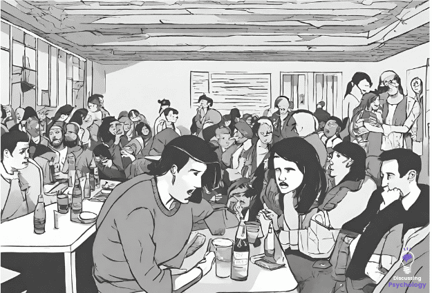Black and white sketch of a crowded cafe with many people in it.