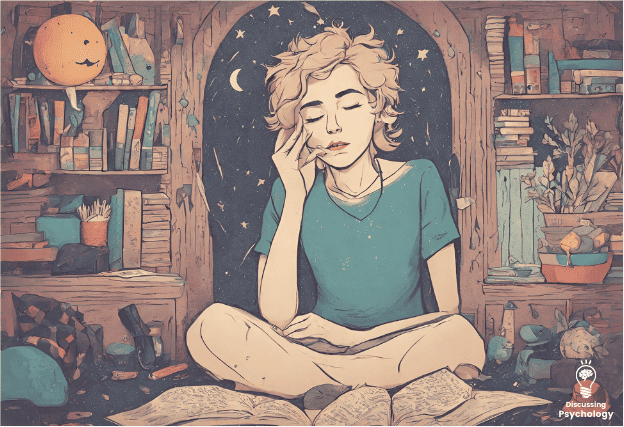 Sad lady sitting cross-legged daydreaming over books with dark starry sky background.