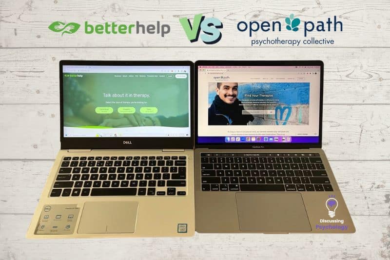 BetterHelp vs Open Path Comparison demonstrated by two laptops with each of their homepages open.
