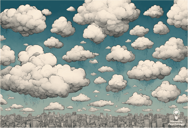 Cartoon drawing of blue sky filled with white clouds hanging over grey city.