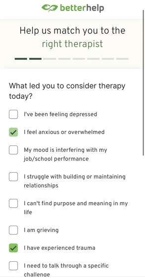 BetterHelp online therapy sign up page to match with therapist.