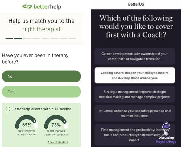 Screenshots of the BetterHelp and BetterUp questionnaires used to match with a therapist or coach.