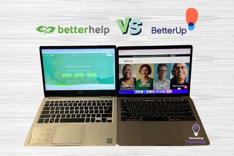 Two laptops showing the homepages of BetterHelp and BetterUp.