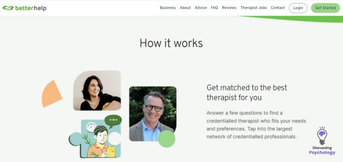 Screenshot of BetterHelp's homepage featuring the "How it Works" section.