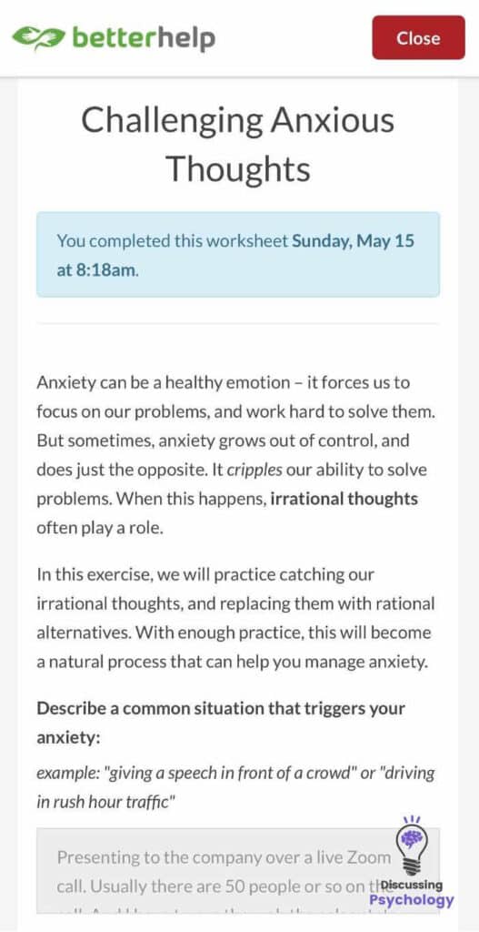 Screenshot of the 'Challenging Anxious Thoughts' worksheet, which my BetterHelp therapist sent to me via the platform app.