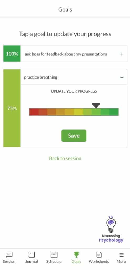 In-app screenshot within BetterHelp showing two goals assigned to me by my therapist regarding public speaking feedback and breathing exercises - all shown within the goal tracking feature of the platform.