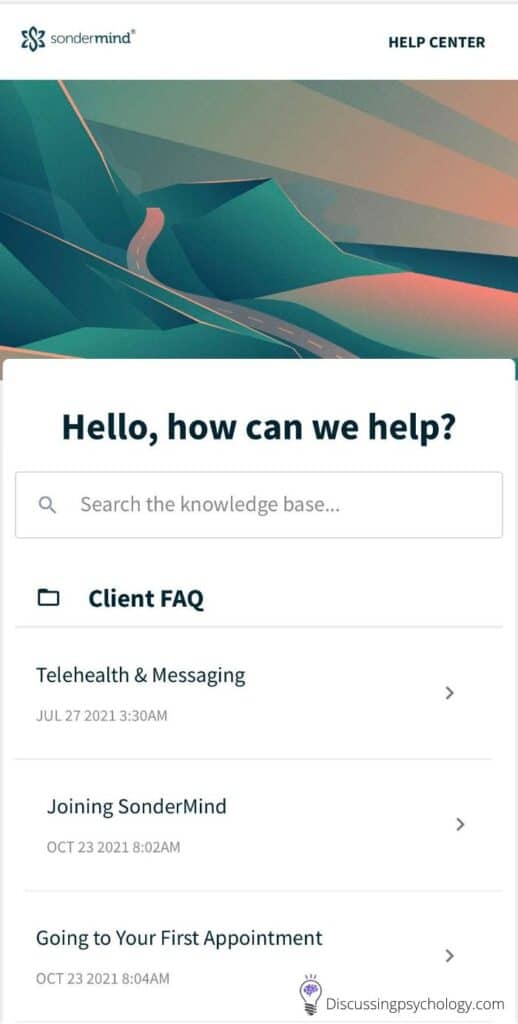 Screenshot of the SonderMind app Help Center and client FAQ articles.