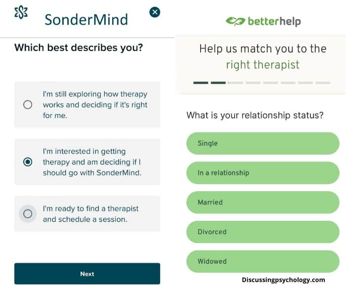 Screenshots of the sign-up questionnaires both SonderMind and BetterHelp use to connect you with a therapist.