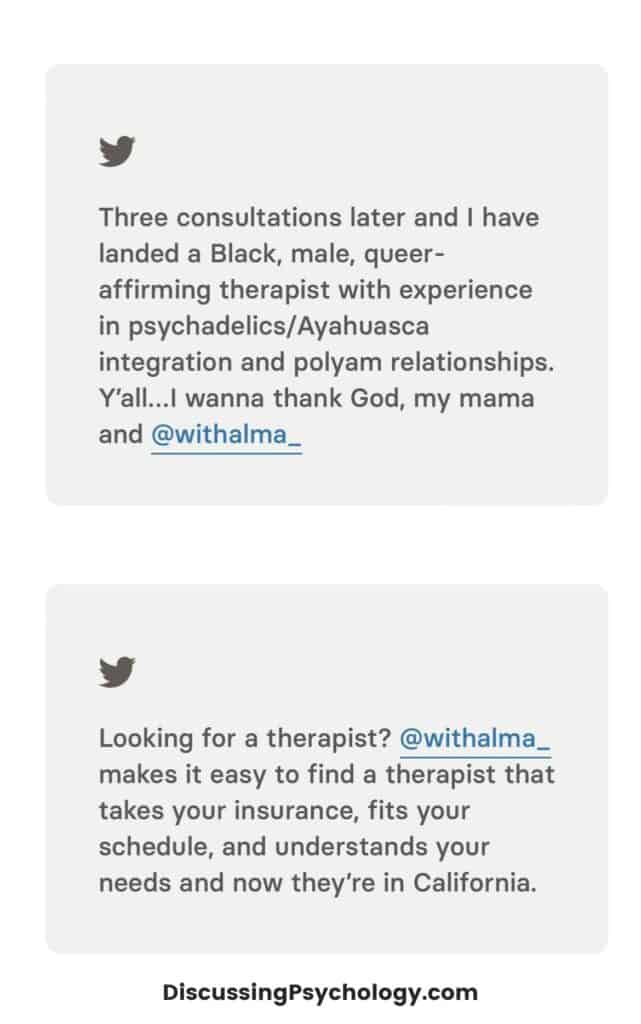 Two patient reviews of Alma Therapy.
