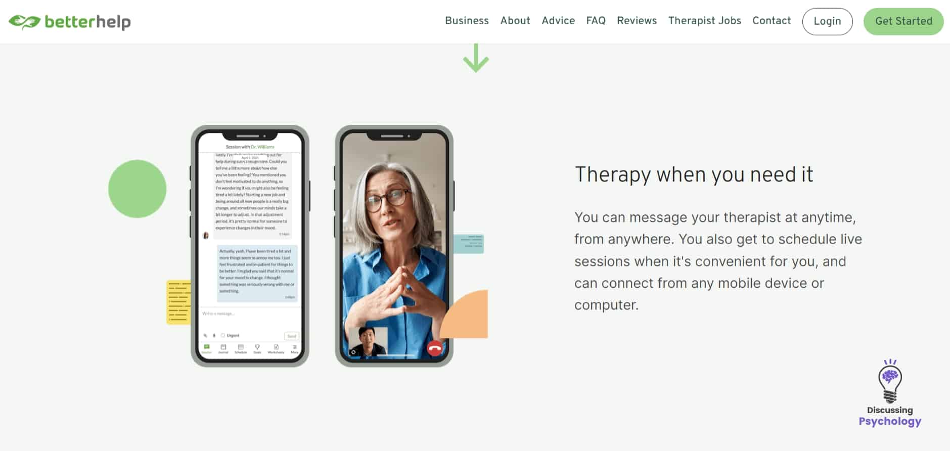 Screenshot of BetterHelp online therapy homepage.