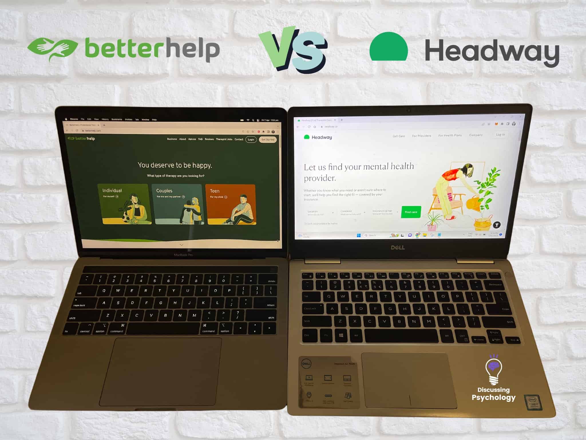 Two laptops, side-by-side showing the homepage of BetterHelp and Headway therapy.