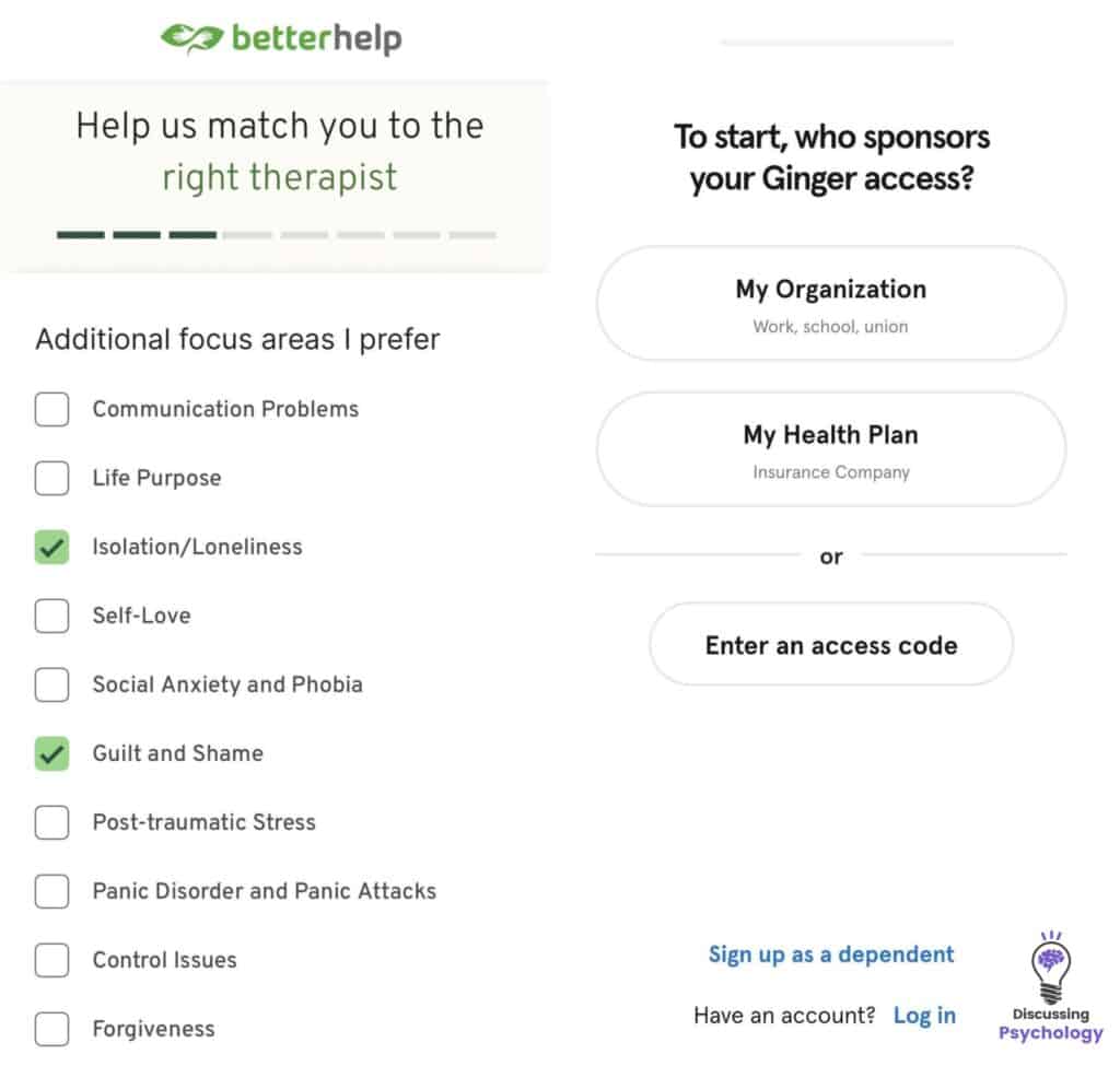 Screenshot of both BetterHelp and Ginger therapy sign up processes.