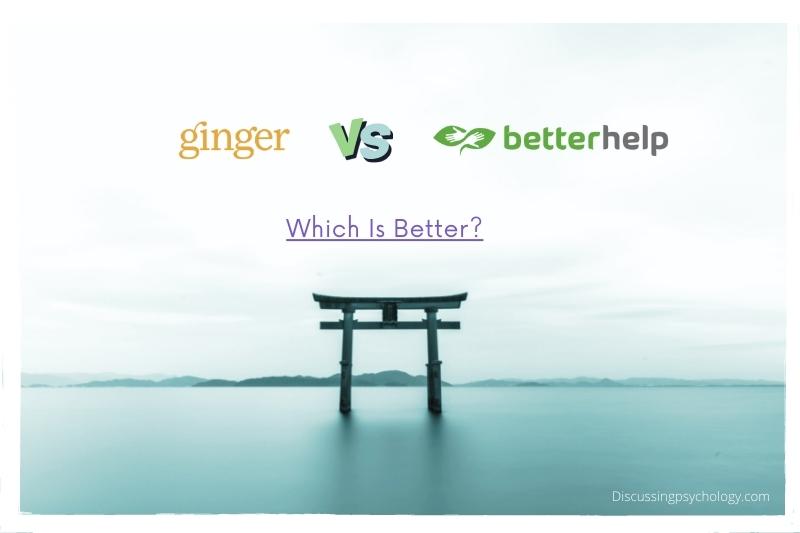 Zen gateway in the middle of a lake with text overlay saying "Ginger vs BetterHelp: Which Is Better?"