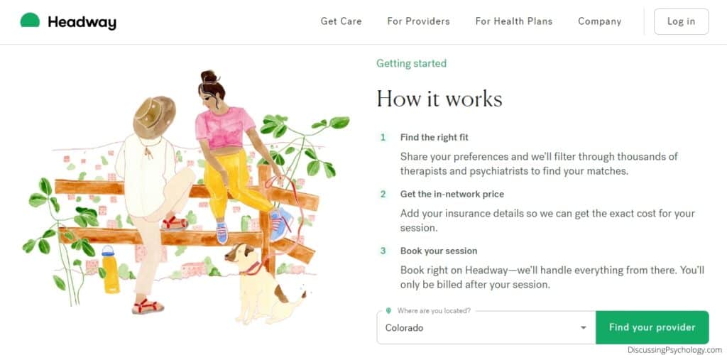 Screenshot of Headway therapy How it Works page, showing 3-step process including 1) Find the right fit, 2) Get the in-network price and 3) Book your session.