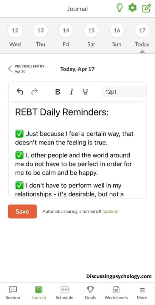 Screenshot of BetterHelp's daily journaling feature showing a patient journaling about Rational Emotive Behavioral Therapy reminders.