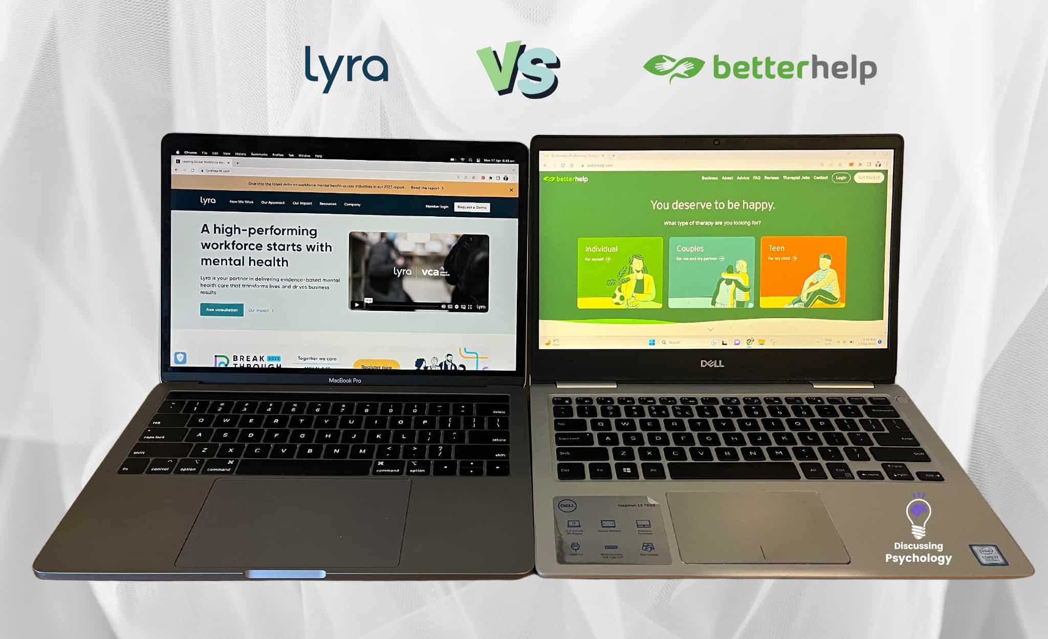 Two laptops side-by-side with Lyra Health and BetterHelp open on screens.