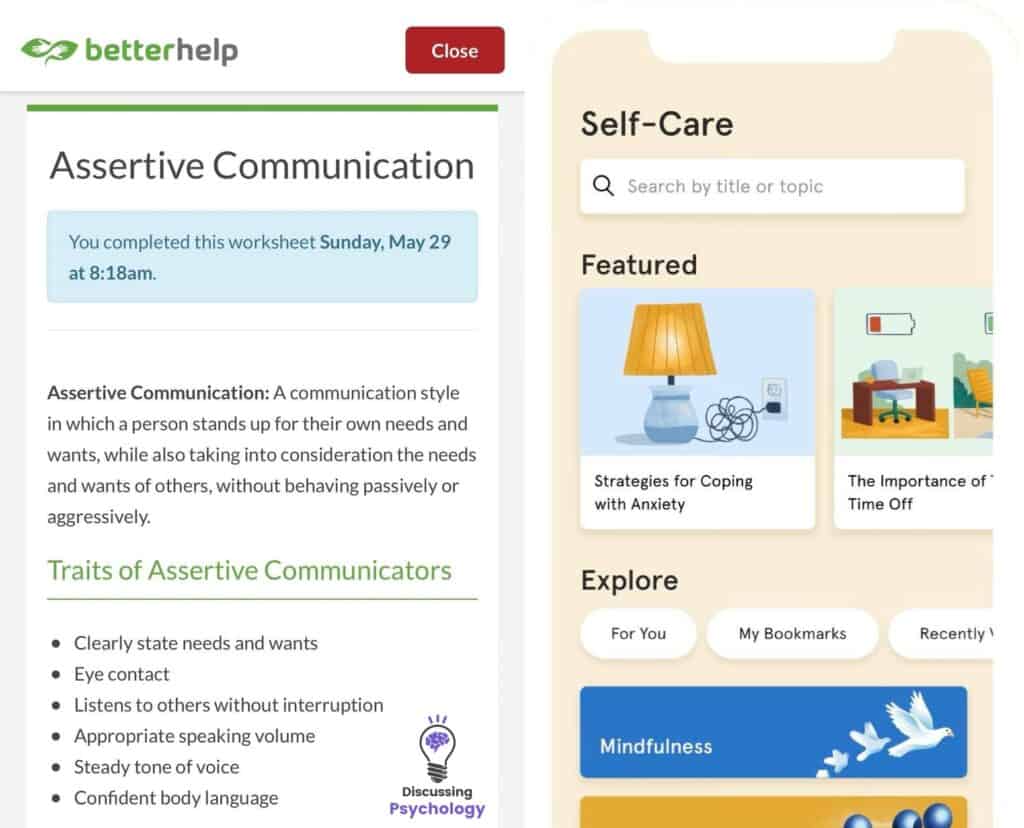 Screenshot of the resources available in both the BetterHelp and Ginger phone applications.