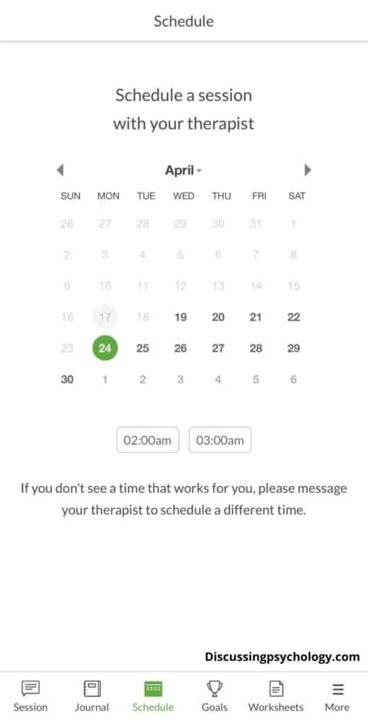 Screenshot of therapist scheduling feature within BetterHelp phone app.
