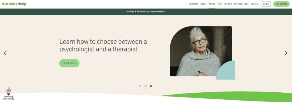 BetterHelp advice page suggesting resources on how to choose between a therapist and a psychologist.