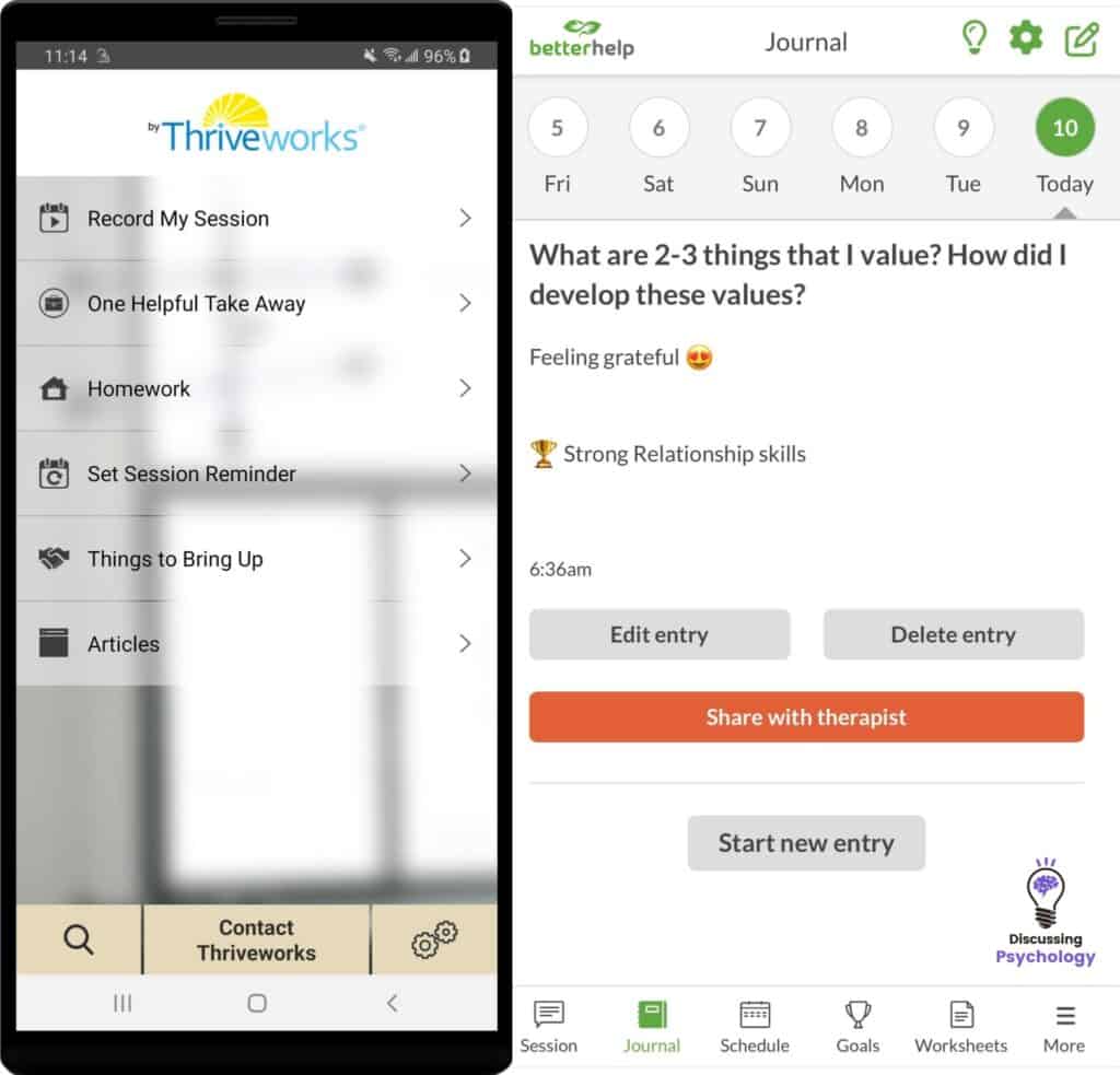 Screenshots of Thriveworks and BetterHelp apps side-by-side.