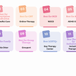 Infographic showing the best online therapy services of 2023, which includes: • Best overall: BetterHelp • Best for prescription medication: Mindful Care • Best for CBT: Online-Therapy • Best for OCD: NOCD • Best for ADHD: ADHD Online • Best for Alcohol Abuse: Monument • Best for Couples Therapy: Council for Relationships • Best for Family: Little Otter • Best for Group Therapy: Grouport • Best for LGBTQ: Gay Therapy Center • Best Therapy for Inclusiveness: Inclusive Therapists • Best for Eating Disorders: Veritas Collaborative