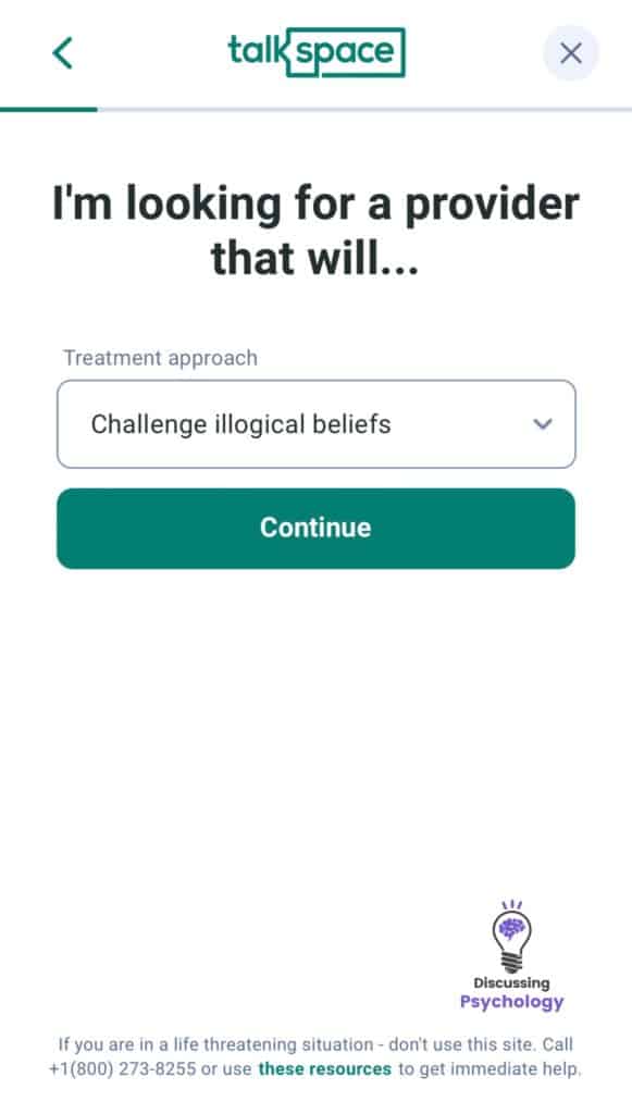 Screenshot of Talkspace online therapy sign up questionnaire.