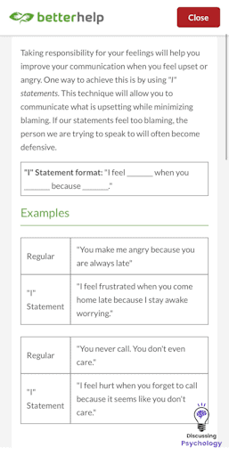 "I statements" worksheet BetterHelp therapist sent to a patient after a session.
