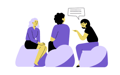 Purple, black, gold and white drawing of three people sitting on beanbags talking.