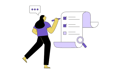 Purple, gold, white and black drawing of a female checking boxes on a list.