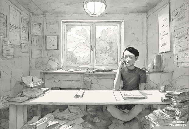 Black and white sketch of a young boy studying in his room.