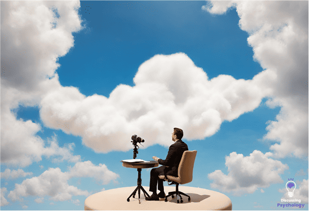Man sitting on a cloud looking into a camera to be interviewed with bright blue sky background.