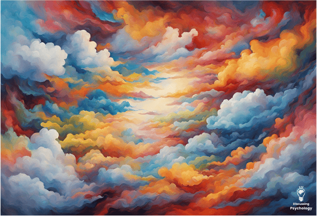 Colorful painting of many different clouds in the sky. Colors are mainly red, orange, blue and white.