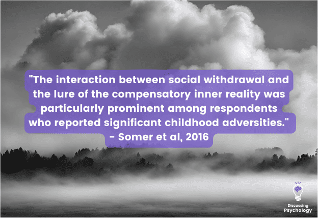 Grey clouds and mist with quote overlay: "The interaction between social withdrawal and the lure of the compensatory inner reality was particularly prominent among respondents who reported significant childhood adversities." - Somer et al, 2016