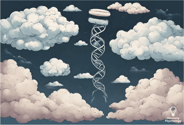 Strand of DNA floating in the sky among clouds.