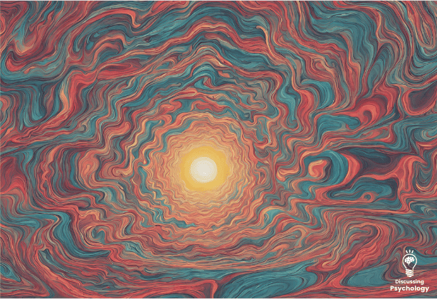 Red and blue painting of a hallucination with a sun in the middle.