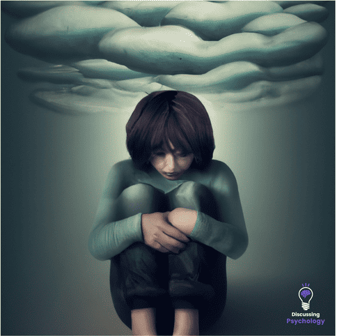 Sad little girl sitting with legs crossed and dark storm clouds above her.