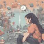 Lady with dark hair, jeans and orange shirt sitting on the couch daydreaming with a clock hanging over her head.