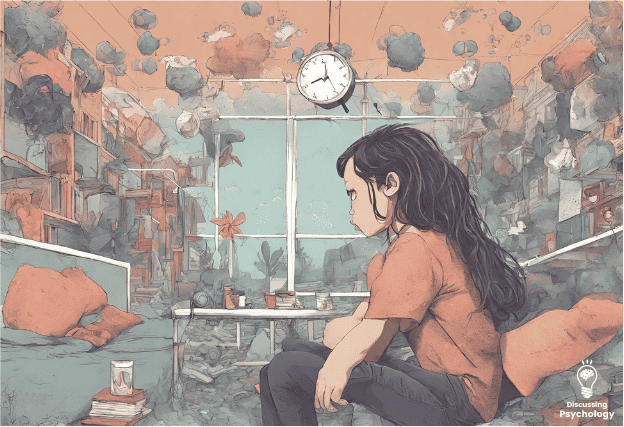 Lady with dark hair, jeans and orange shirt sitting on the couch daydreaming with a clock hanging over her head.