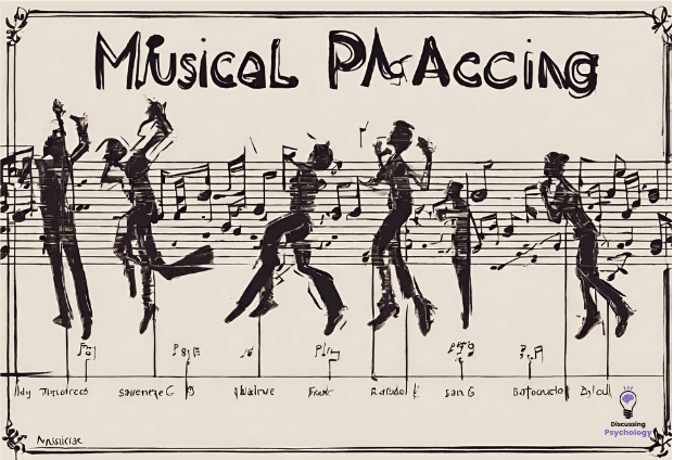 Open musical notebook with rough ink-sketched figures dancing alongside musical notes.