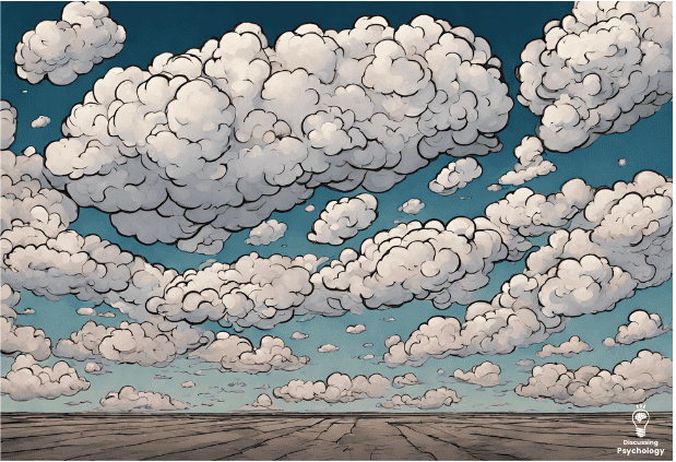 Sketched clouds hanging over a large barren brown dirt field.
