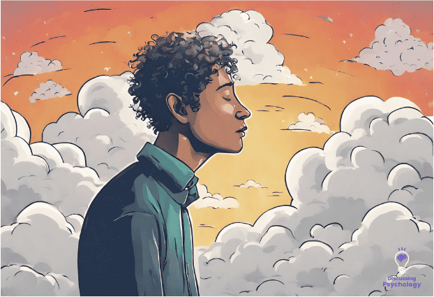 Man daydreaming with orange sky background filled with white clouds.
