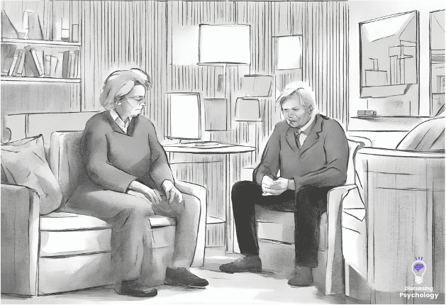 Black and white sketch of two old men sitting on the couch, with one being interviewed by the other.