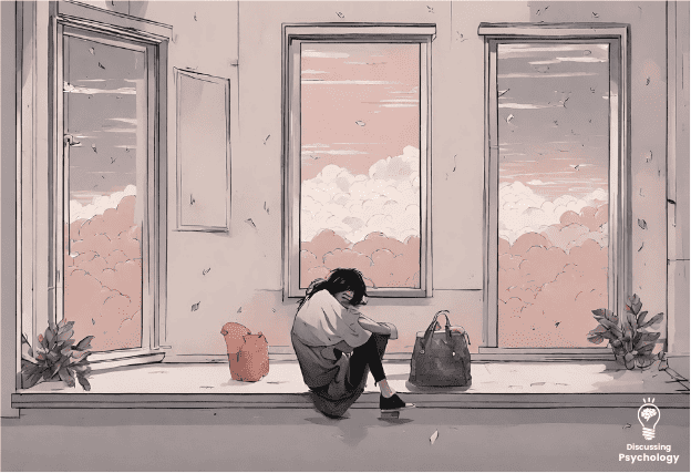 Sad woman daydreaming near three windows with red skies and clouds.